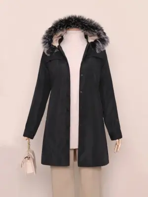 Çıkma Kapşonlu Çıtçıtlı Cepli Kısa Kaban -Siyah