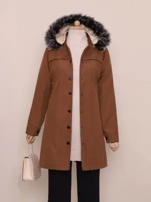 Omarı Kadın Yazlık Kapşonlu Kısa Kaban - Taba