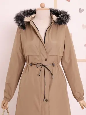 Çıkma Kapşonlu Tünel Bağcıklı Bondit Kaban -Açık Vizon