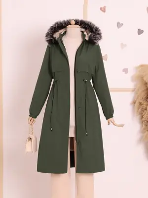 Çıkma Kapşonlu Tünel Bağcıklı Bondit Kaban -Haki