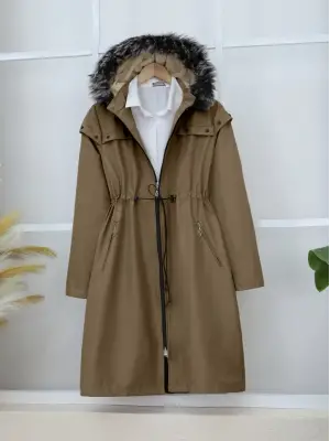 Çıkma Kapşonlu Yıldız Metal Detaylı Kaban -Taba