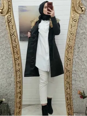 Çıkma Kürklü  Deri Mont -Siyah