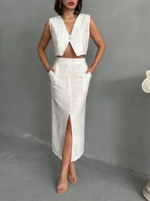 Şık Çilek Takım Etek Yelek