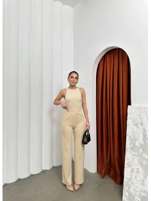 Cırtlı pantolon krep bej pt