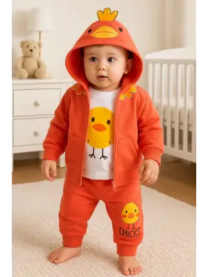 Civciv Desenli Kapişonlu 3lü Erkek Bebek Takımı
