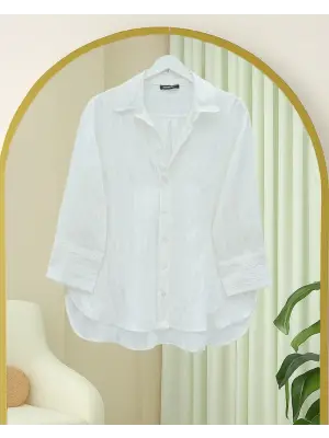 Çizgi Desen Oval Kesim Krinkıl Gömlek -Beyaz