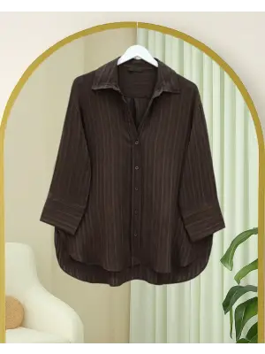 Çizgi Desen Oval Kesim Krinkıl Gömlek -Kahve