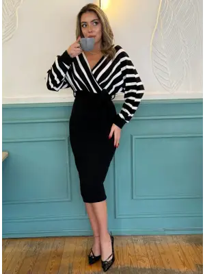 Omarı Kruvaze Yaka Çizgi Desenli Triko Elbise