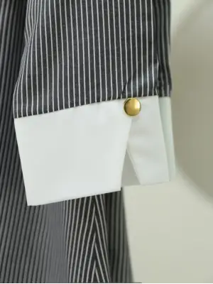 Omarı Çizgili Beli Bağcıklı Düğmeli Gömlek -Siyah