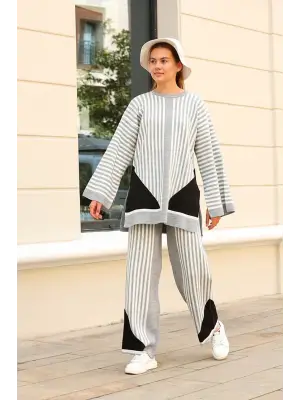 Gri Çizgili Bisiklet Yaka Triko Takım Kadın Giyim
