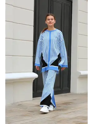 Mavi Çizgili Bisiklet Yaka Triko Takım Kadın Giyim