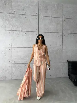 Şık Turuncu Çizgili Keten Ceket