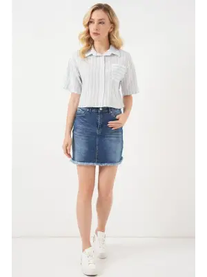 Çizgili Crop Gömlek 20342 - Açık Mavi