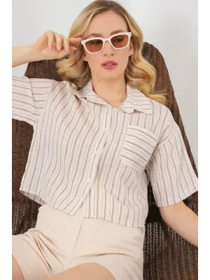 Çizgili Crop Gömlek 20342 - Bej