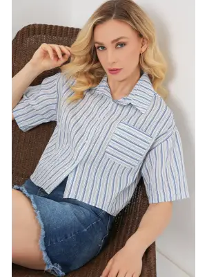 Çizgili Crop Gömlek 20342 - Mavi