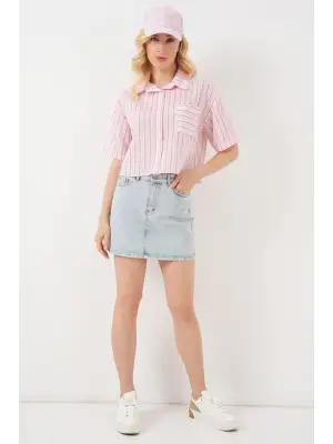 Çizgili Crop Gömlek 20342 - Pudra