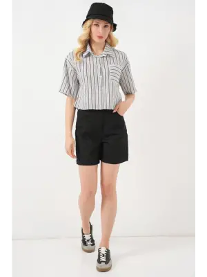 Çizgili Crop Gömlek 20342 - Siyah