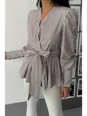 Omarı Çizgili Detaylı Kruvaze Poplin Gömlek - Kahverengi