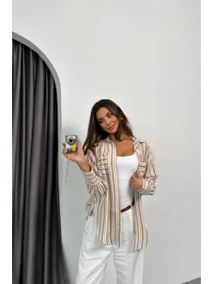 Omarı Çizgili Klasik Gömlek - Bej Tonları