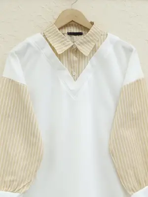 Omarı Çizgili Detaylı Sweat Tunik - Açık Vizon