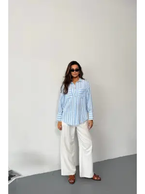 Omarı Mavi Çizgili Şık Gömlek Modelleri