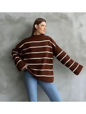 Çizgili ispanyol kol triko boğazlı kahve beyaz elf