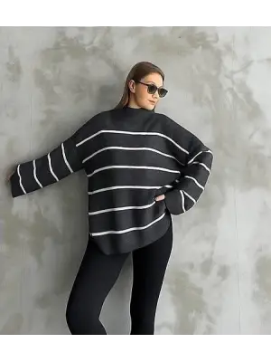 Çizgili Boğazlı Kazak Antrasit Kadın Giyim