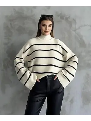 Çizgili ispanyol kol triko boğazlı kazak beyaz elf