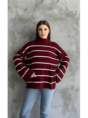 Çizgili ispanyol kol triko boğazlı kazak bordo elf