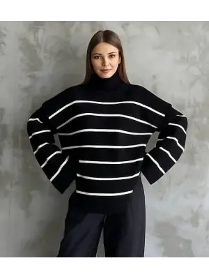 Çizgili ispanyol kol triko boğazlı kazak siyah elf