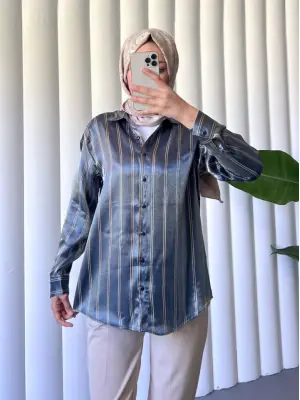 Çizgili Janjanlı Gömlek İndigo Renk