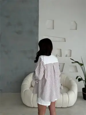 Omarı Çizgili Gabardin Şort ve Keten Garnili Ceket Takımı - Kahverengi