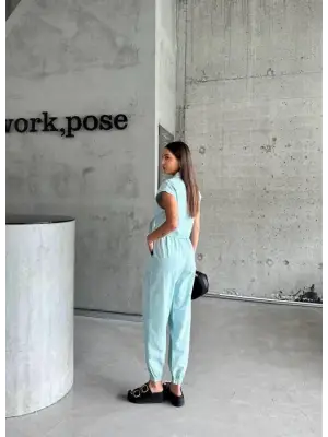 ÇİZGİLİ KETEN KOLSUZ CROP PANTOLON TAKIM - Yeşil