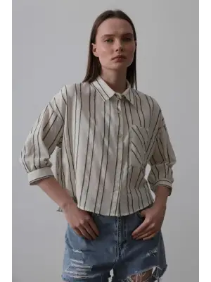 Omarı Çizgili Kısa Gömlek - Trendy ve Rahat