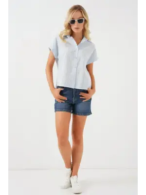 Çizgili Kısa Kol Gömlek 20324 - Açık Mavi