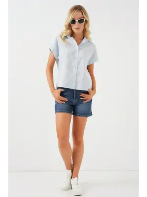 Çizgili Kısa Kol Gömlek 20324 - Açık Mavi