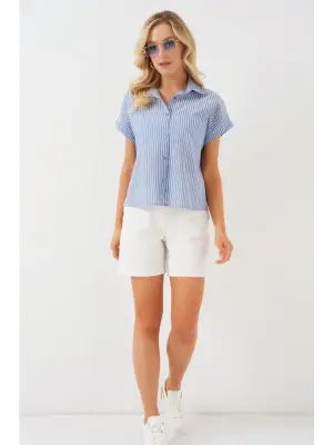 Çizgili Kısa Kol Gömlek 20324 - İndigo