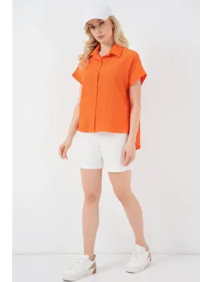 Çizgili Kısa Kol Gömlek 20324 - Turuncu