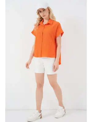 Çizgili Kısa Kol Gömlek 20324 - Turuncu