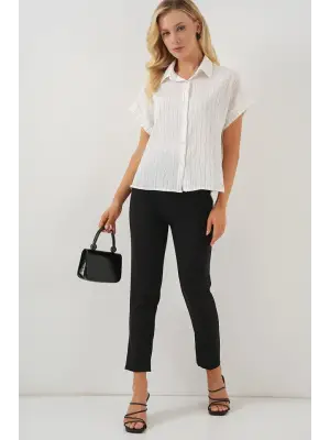 Çizgili Kısa Kol Gömlek 20327 - Beyaz