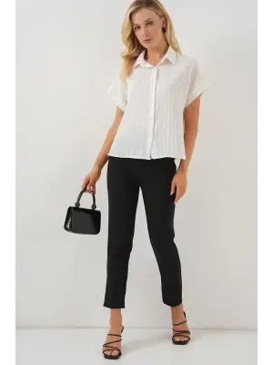 Çizgili Kısa Kol Gömlek 20327 - Beyaz