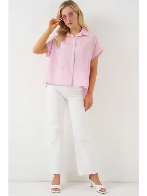 Çizgili Kısa Kol Gömlek 20327 - Pembe