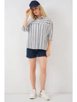 Çizgili Kısa Kol Gömlek 20344 - A.Lacivert