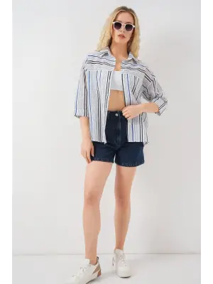 Çizgili Kısa Kol Gömlek 20344 - Lacivert