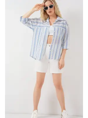 Çizgili Kısa Kol Gömlek 20344 - Mavi