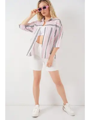 Çizgili Kısa Kol Gömlek 20344 - Pembe