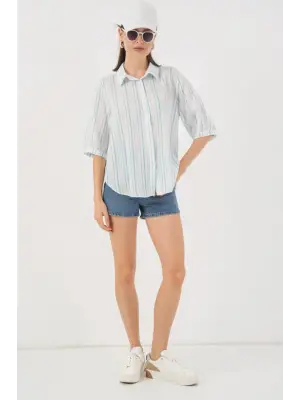 Çizgili Kısa Kol Gömlek 20345 - A.Mavi