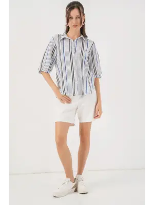 Çizgili Kısa Kol Gömlek 20345 - Lacivert