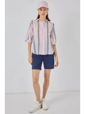 Çizgili Kısa Kol Gömlek 20345 - Pembe