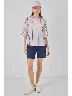 Çizgili Kısa Kol Gömlek 20345 - Pembe